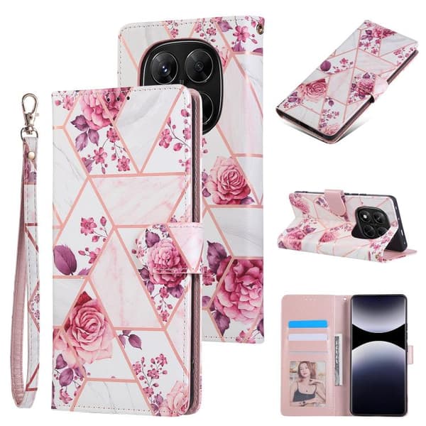 Redmi Note 14 Pro 5G - Marmor Bronserad Sömmad Läderfodral Roséguld
