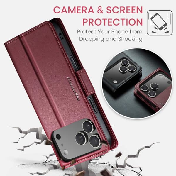iPhone 18 Pro Max / iPhone 17 Pro Max Skal läderfodral med fjärilsbuckle, litchi-textur och RFID-skydd Röd