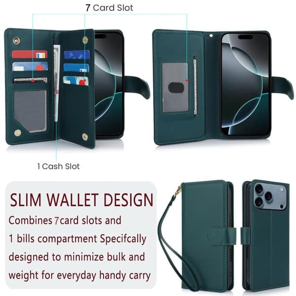 iPhone 18 Pro Max / iPhone 17 Pro Max Skal läderfodral med RFID och flera kortfack Grön