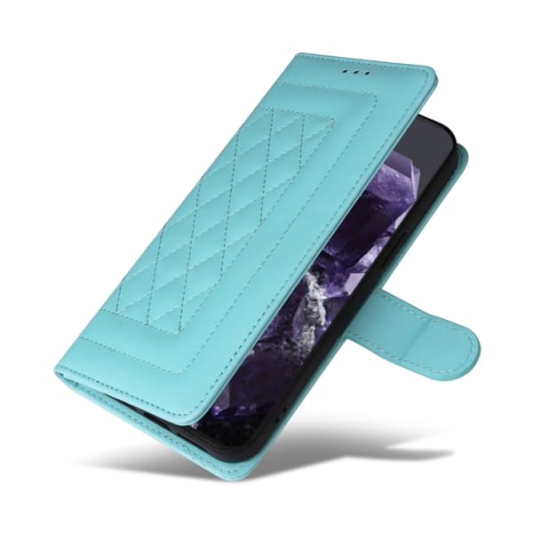 för Pixel 9 Pro Skal i Diamantmönstrad Läder Flip Design Mintgrön