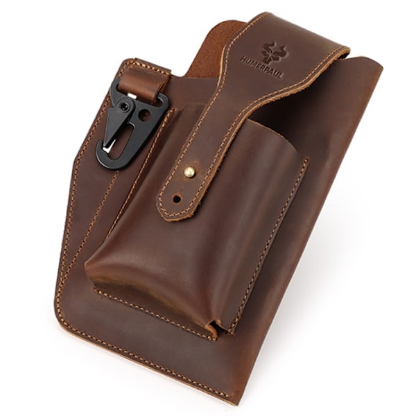 HUMERPAUL Retro Nyckelring Bär Bälte Läder Mobiltelefon Väska Män Midjeväska Kaffe