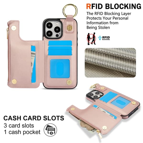 iPhone 16 Pro Max RFlD Antistöld Dubbelspänne Ring Dragkedja Skal Roséguld