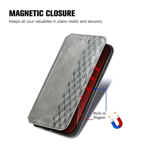 iPhone 16 Pro Max Cubic Grid Pressad Magnetisk Läder Skal - Fodral Grå
