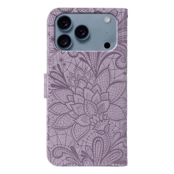 iPhone 18 Pro Max / iPhone 17 Pro Max Skal läderfodral med spetsblommor och präglad design Purpur