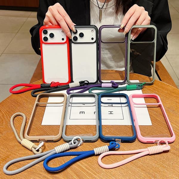 iPhone 17 Skal - Solid Färg med Transparent Akryl TPU och Handledsrem Grå