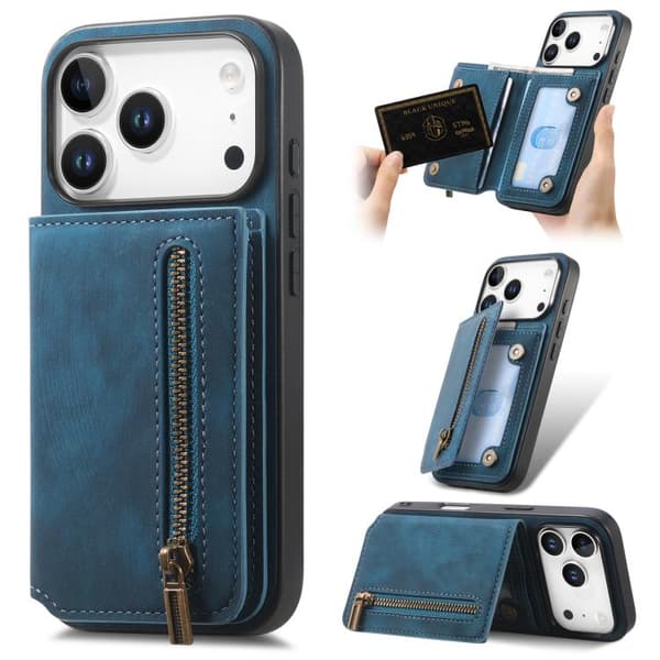 iPhone 17 Pro Retro Läder Zipper Skal Blå