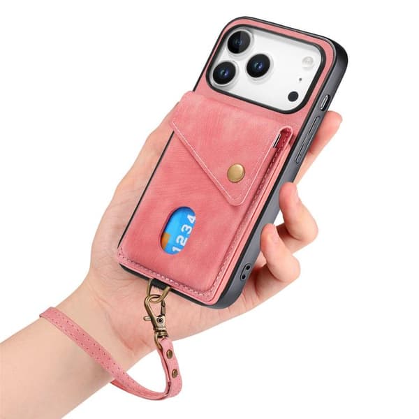 iPhone 18 Pro Max / iPhone 17 Pro Max Skal läderfodral med retro kortficka och rem Rosa