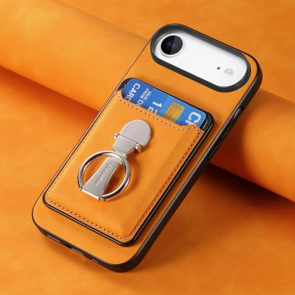iPhone 17 Air Skal med Retro Fällbart Ringhållare och Kortfack MagSafe Gul