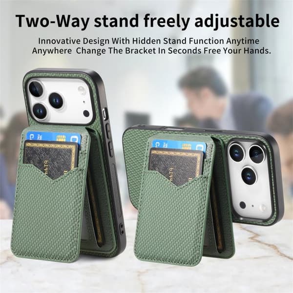 iPhone 18 Pro Max / iPhone 17 Pro Max Skal - Kolfiber med MagSafe - Vertikal Flip för Kort Grön
