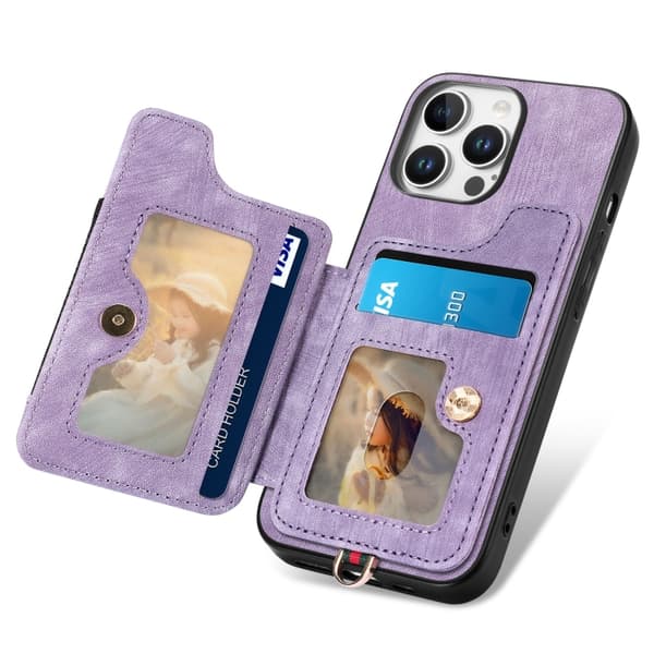 iPhone 16 Pro Retro Skinnkänsla Ring Multi-kort Plånboks Skal Purpur