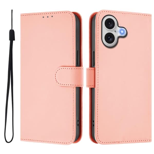iPhone 17 Skal läderfodral - solid färg med lanyard Rosa
