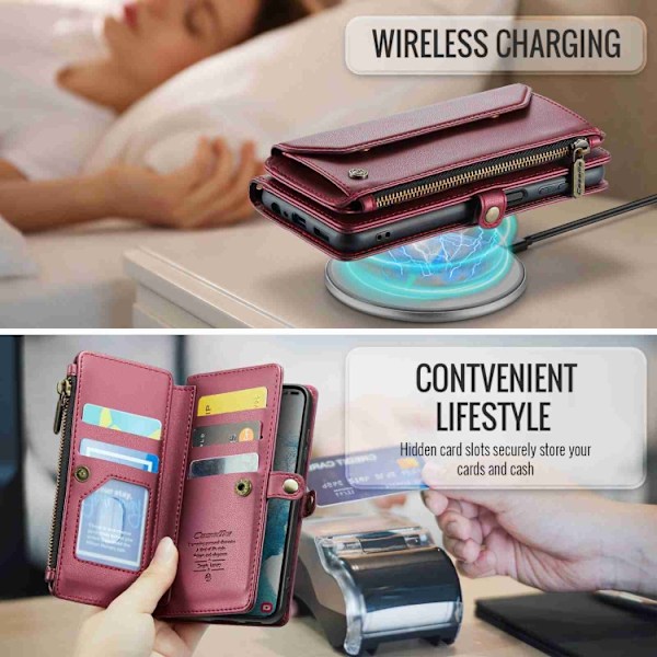 Samsung Galaxy S22 5G Skal CaseMe C36 med kortfack, dragkedja, RFID-skydd, läder Vinrött