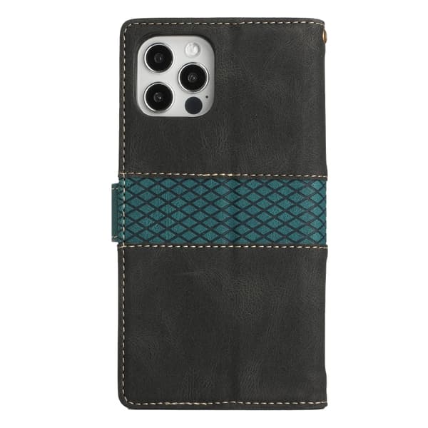 iPhone 16 Pro Max Skal Läder med Lanyard - Grid Stitching Design Svart