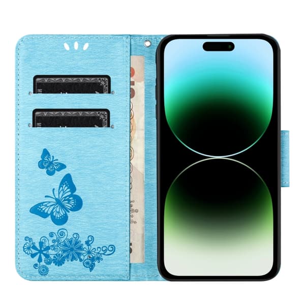 iPhone 16 Pro Max Butterfly Prägad Flip Fodral Skal Blå