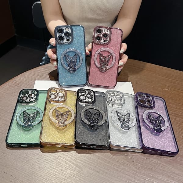 iPhone 16 Pro Max Pläterad Glittrande Fjäril Skal Blå