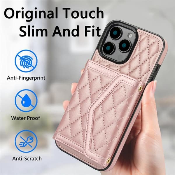 iPhone 16 Pro Max Skal med Splicing Rhombic Textur och Lång Lanyard Roséguld