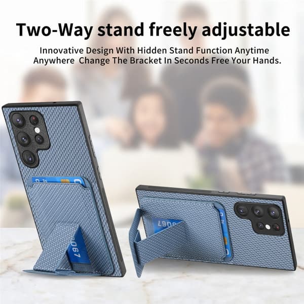 Samsung Galaxy S23 5G Skal i Kolfiber med Kortficka och Fällbart Ställ Blå