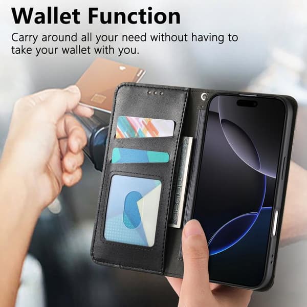 iPhone 17 Skal Läderfodral med Elastisk Handledsrem och Magnetisk Sugfunktion Svart