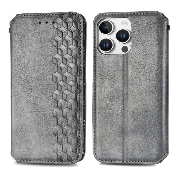 iPhone 16 Pro Max Cubic Grid Pressad Magnetisk Läder Skal - Fodral Grå