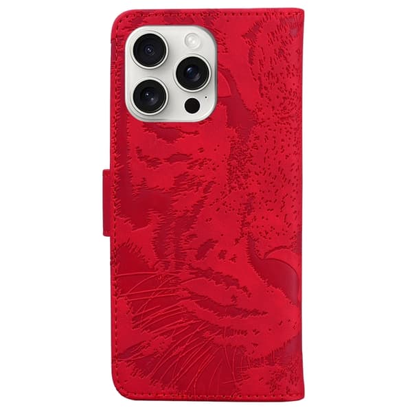 iPhone 16 Pro Max Tiger Embossing Pattern Fodral - Elegant och Slitstark Skal Läder Röd