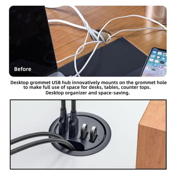 USB 3.0 + USB-C + 3.5mm Grommet Hub - 1.2m Cable, 5Gbps, Easy Installation, Desk Organizer