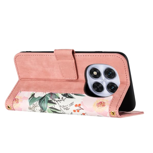 Redmi Note 14 Pro 5G - Blommönster Läderfodral med Rem Rosa