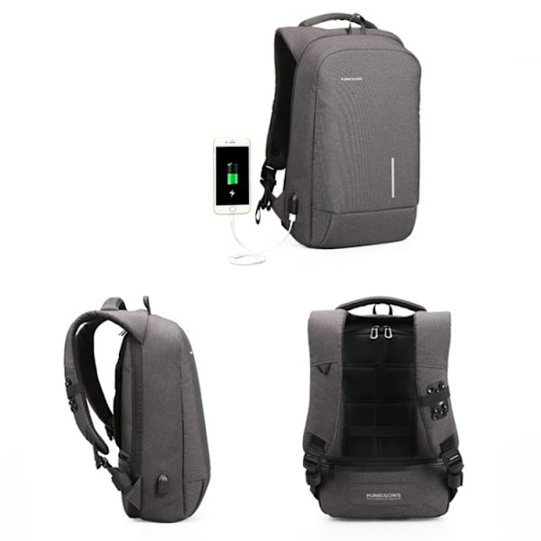 KINGSONS KS-3149 Laptop Ryggsäck College Student Anti-Stöld USB Axelväska 15,6-tum
