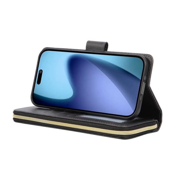 iPhone 18 Pro Max / iPhone 17 Pro Max Skal läderfodral med 9 kortfack och dragkedja Svart