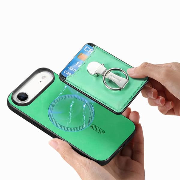 iPhone 17 Air Skal med Retro Fällbart Ringhållare och Kortfack MagSafe Grön