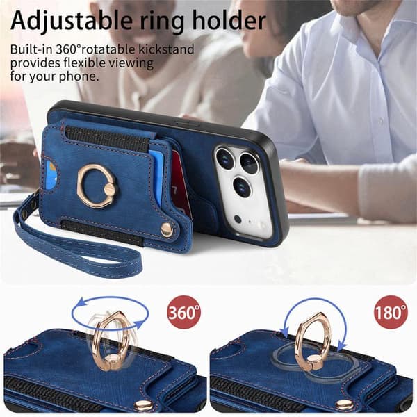 iPhone 18 Pro / iPhone 17 Pro Retro Skinnkänsla Ring Multi-kort Plånboks Skal Blå