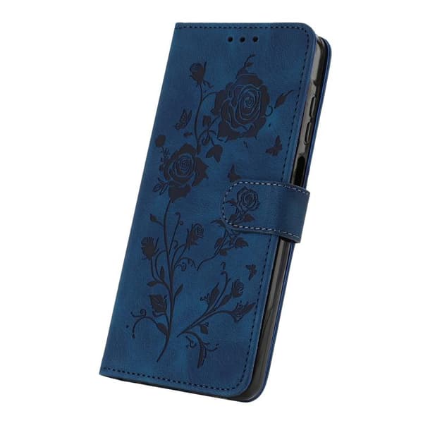 iPhone 18 Pro Max / iPhone 17 Pro Max Skal läderfodral med rosblomma präglad mönster Mörkblå