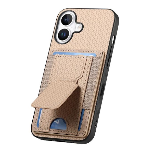 iPhone 17 Skal - Kolfiber med Fällbart Ställ och Elastisk Kortficka Kaki