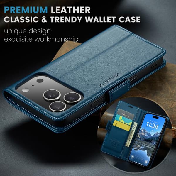 iPhone 18 Pro Max / iPhone 17 Pro Max Skal läderfodral med fjärilsbuckle, litchi-textur och RFID-skydd Blå
