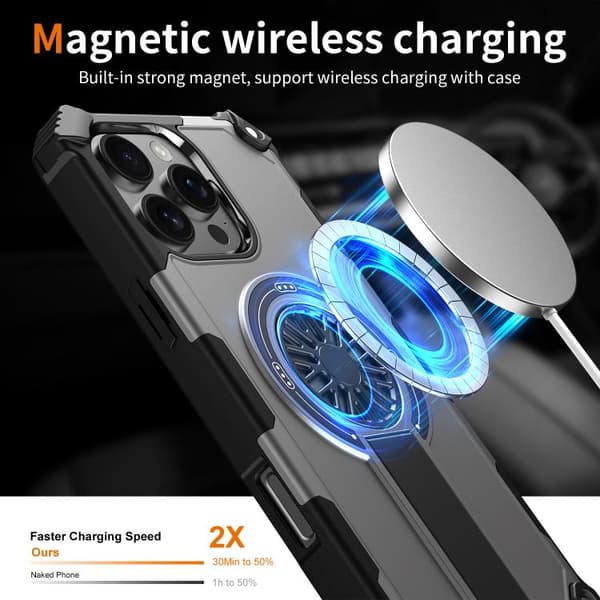 iPhone 16 Pro Max Shockproof Kickstand Metallic Shaft MagSafe Skal Silver