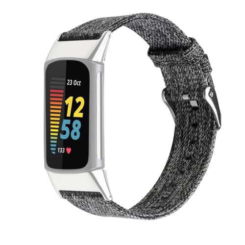 För Fitbit Charge 5 Nylon Canvas Watch Band Black Grey