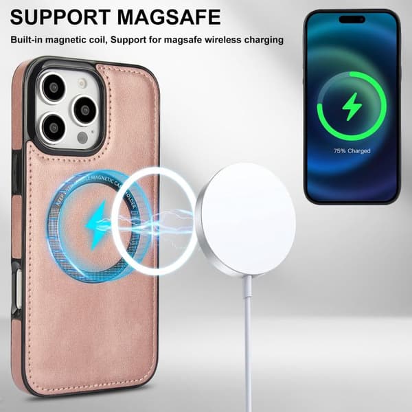 iPhone 16 Pro Zipper Wallet Split MagSafe Läder Fodral Skal Roséguld