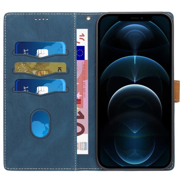 iPhone 16 Pro Max Skal Läder med Lanyard - Grid Stitching Design Blå