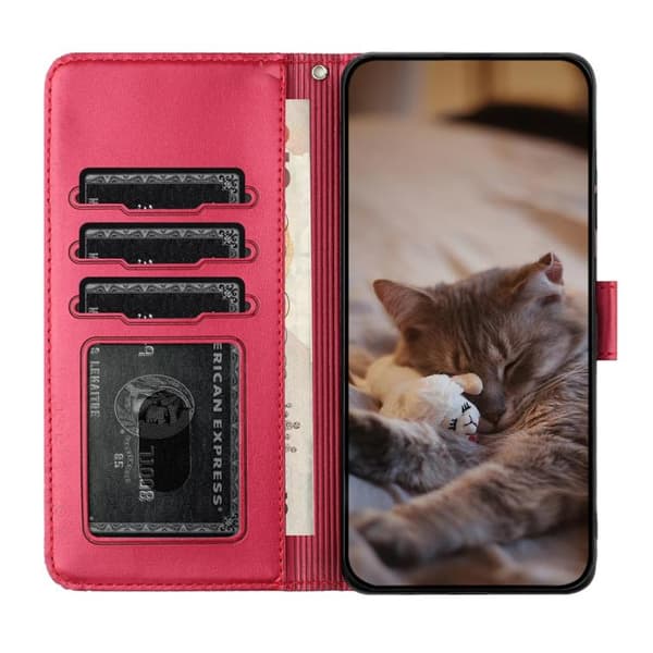 iPhone 18 Pro / iPhone 17 Pro Skal läderfodral med kattprägling och rem Röd