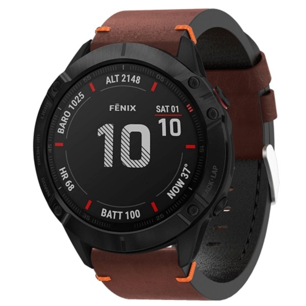 För Garmin Fenix ​​6X Sapphire 26 mm lädersutur stålspänne watch Coffee