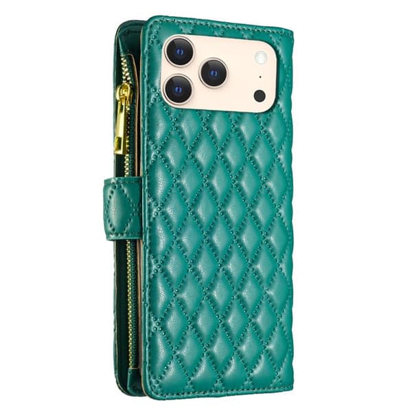iPhone 18 Pro Max / iPhone 17 Pro Max Skal - läder med diamantgaller och dragkedja Grön