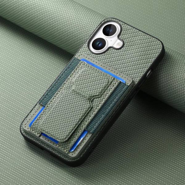 iPhone 17 Skal - Kolfiber med Fällbart Ställ och Elastisk Kortficka Grön