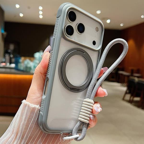 iPhone 18 Pro Max / iPhone 17 Pro Max Skal med Solid Färg, Transparent Rotation och MagSafe, inklusive Handledsrem Grå