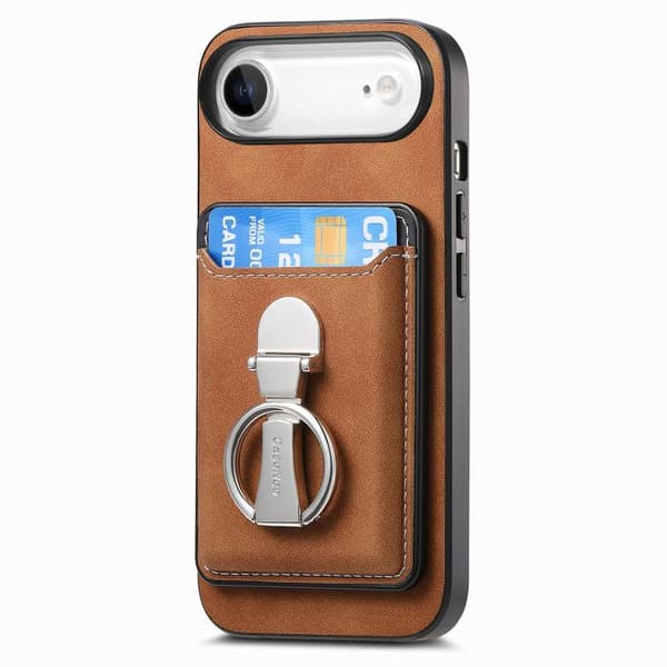 iPhone 17 Air Skal med Retro Fällbart Ringhållare och Kortfack MagSafe Brun