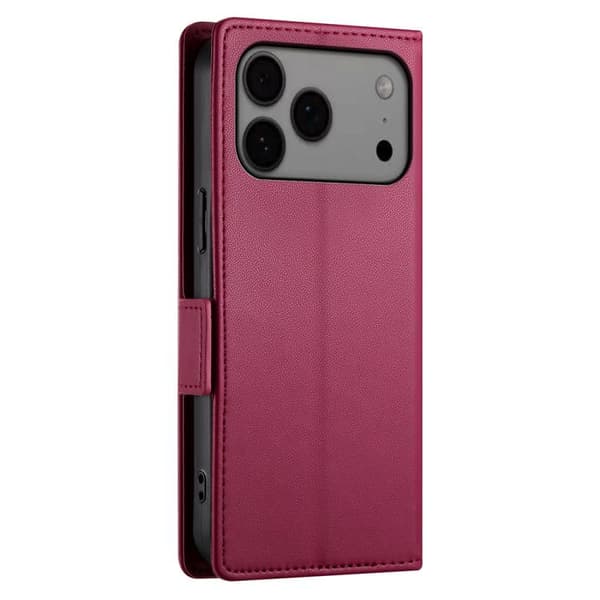 iPhone 17 Pro Max Skal läderfodral med sidobuckle - magnetisk frostad läder Vinrött