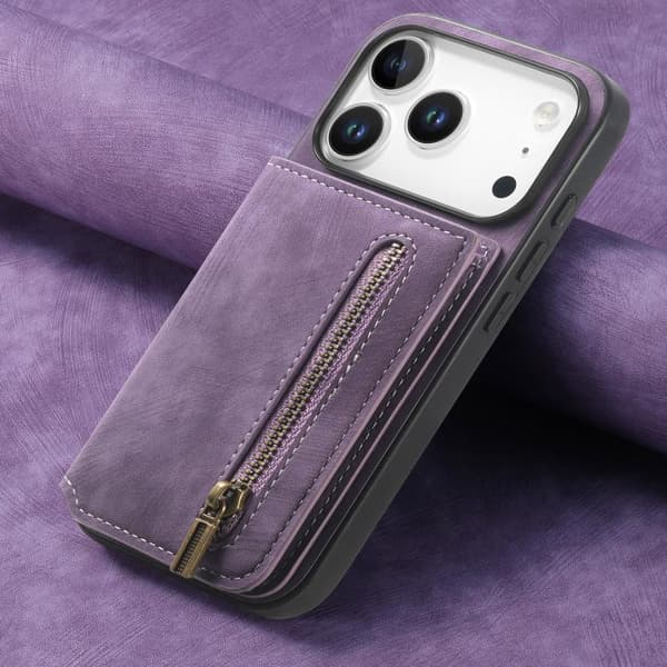 iPhone 18 Pro / iPhone 17 Pro Retro Läder Zipper Skal Purpur