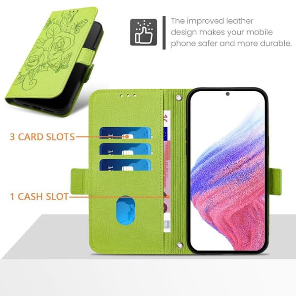 iPhone 18 Pro Max / iPhone 17 Pro Max Skal läderfodral med präglad ros och RFID-skydd Grön