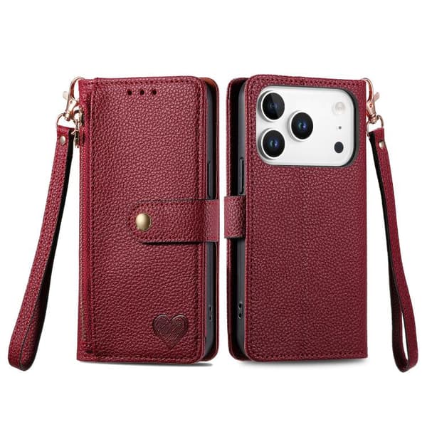 iPhone 18 Pro Max / iPhone 17 Pro Max Skal Läderfodral med Kärlek Zipper Lanyard Röd