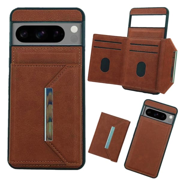 för Pixel 7 Pro - Solid Color Metal Spänne Kortfack Väska Skal Brun