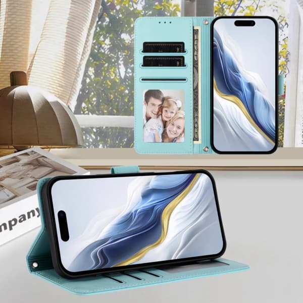 iPhone 18 Pro Max / iPhone 17 Pro Max Skal läderfodral med präglat hjärta och kattdesign samt handrem Mintgrön