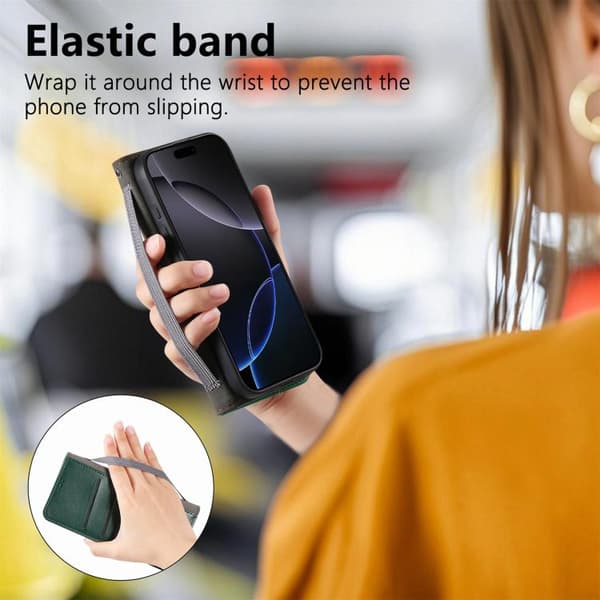 iPhone 17 Skal Läderfodral med Elastisk Handledsrem och Magnetisk Sugfunktion Grön